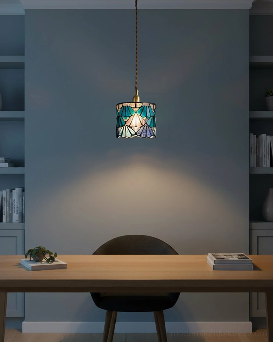 Tina stained glass pendant light with brass canopy and hanging hardware, side angle view