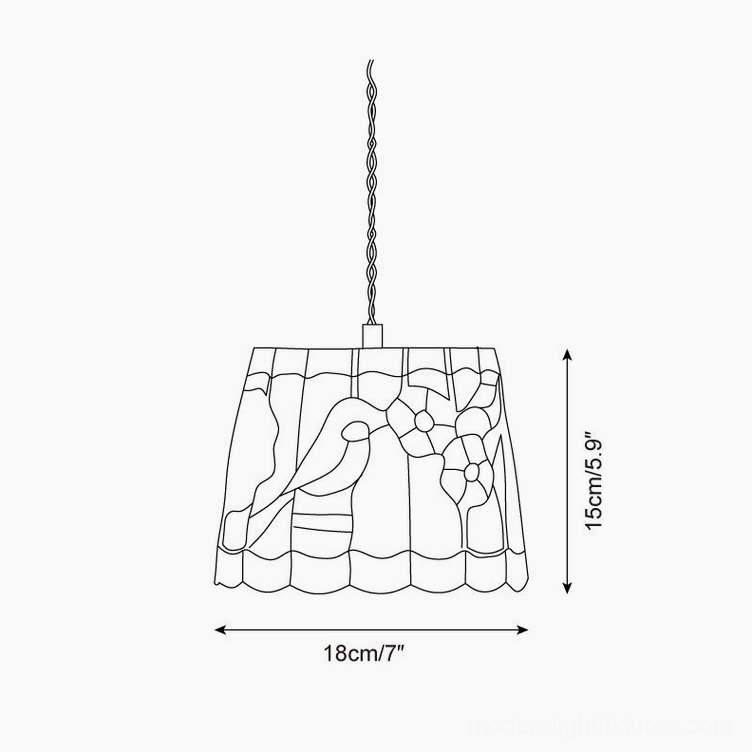 Stained glass pendant lamp technical schematic with dimensions and design pattern layout