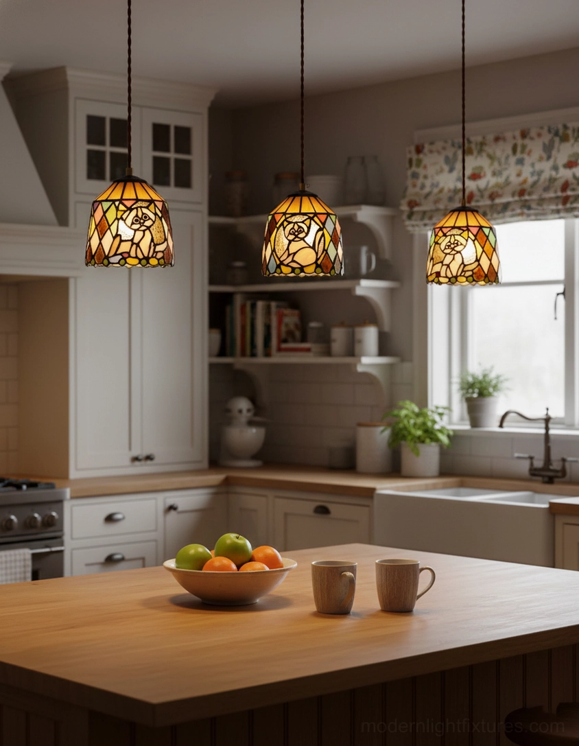 Multiple matching handcrafted stained glass pendant lamps with geometric patterns above modern kitchen island