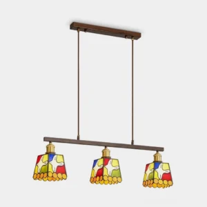 Three-head stained glass pendant light - linear Tiffany chandelier with handcrafted colorful shades and dark bronze metal rod, product front view