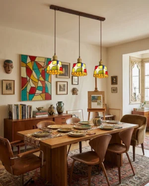Stained glass pendant lights installed in cozy vintage American dining room with warm brass hardware and rustic cottage decor