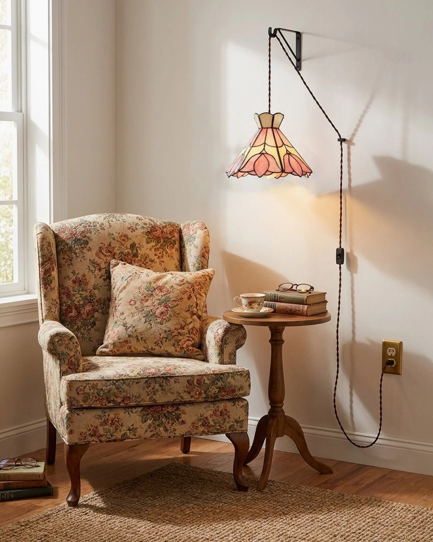 Stained glass plug-in pendant lamp hung in vintage living room above armchair, warm pink lotus shade glowing with ambient light, Art Nouveau cottagecore style