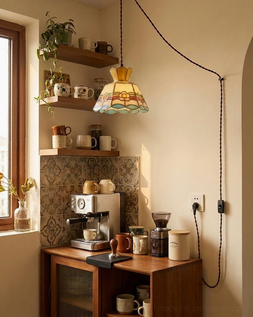 Colorful stained glass plug-in pendant light suspended above home coffee station and breakfast nook showing tiffany-style hand-cut glass shade with multicolor light glow
