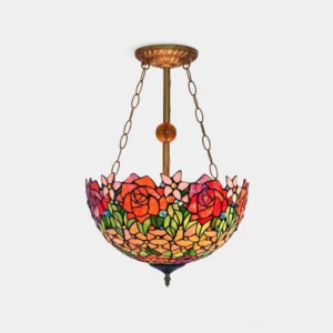 Red rose stained glass chandelier front view with vintage brass fixtures on white background