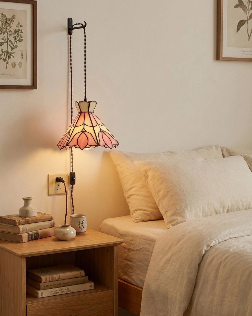 Plug-in stained glass lotus pendant over bedroom nightstand, cozy cottagecore bedroom setting with warm color palette and soft furnishings