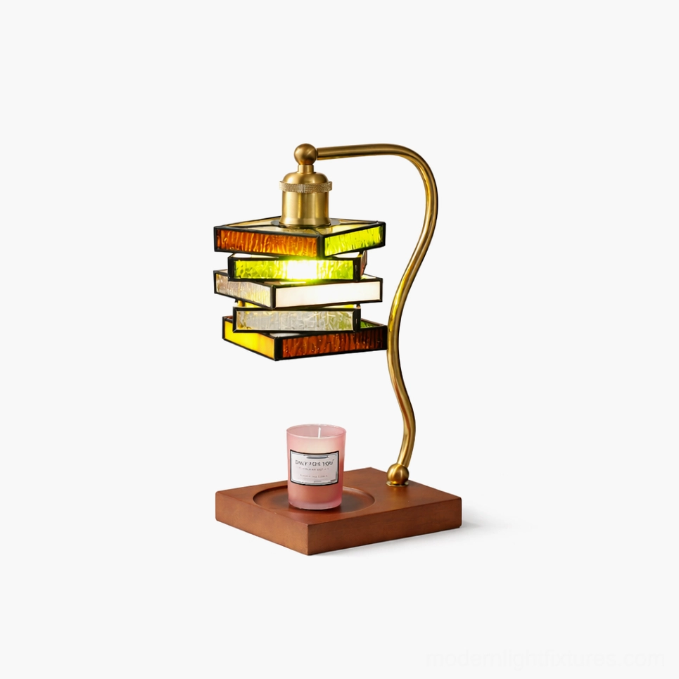 Stained glass table lamp full view on studio tabletop with wooden base and warm honey-colored glass panels