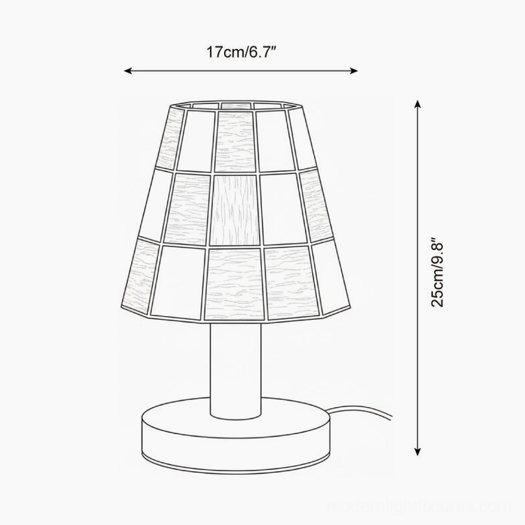 Geometric stained glass table lamp technical line drawing with dimensions 17cm width and 25cm height specifications