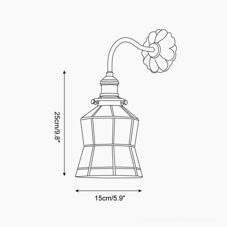 Technical line art drawing of vintage stained glass wall sconce showing orthographic specifications and 25cm x 15cm dimensions