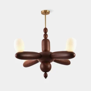 Stanza 4-arm wood chandelier front view with walnut frame and frosted glass shades on white studio background - mid-century modern chandelier design