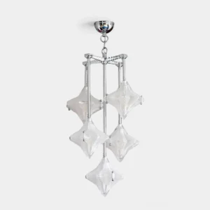 Modern star-shaped glass pendant chandelier with polished chrome frame, front overhead studio view