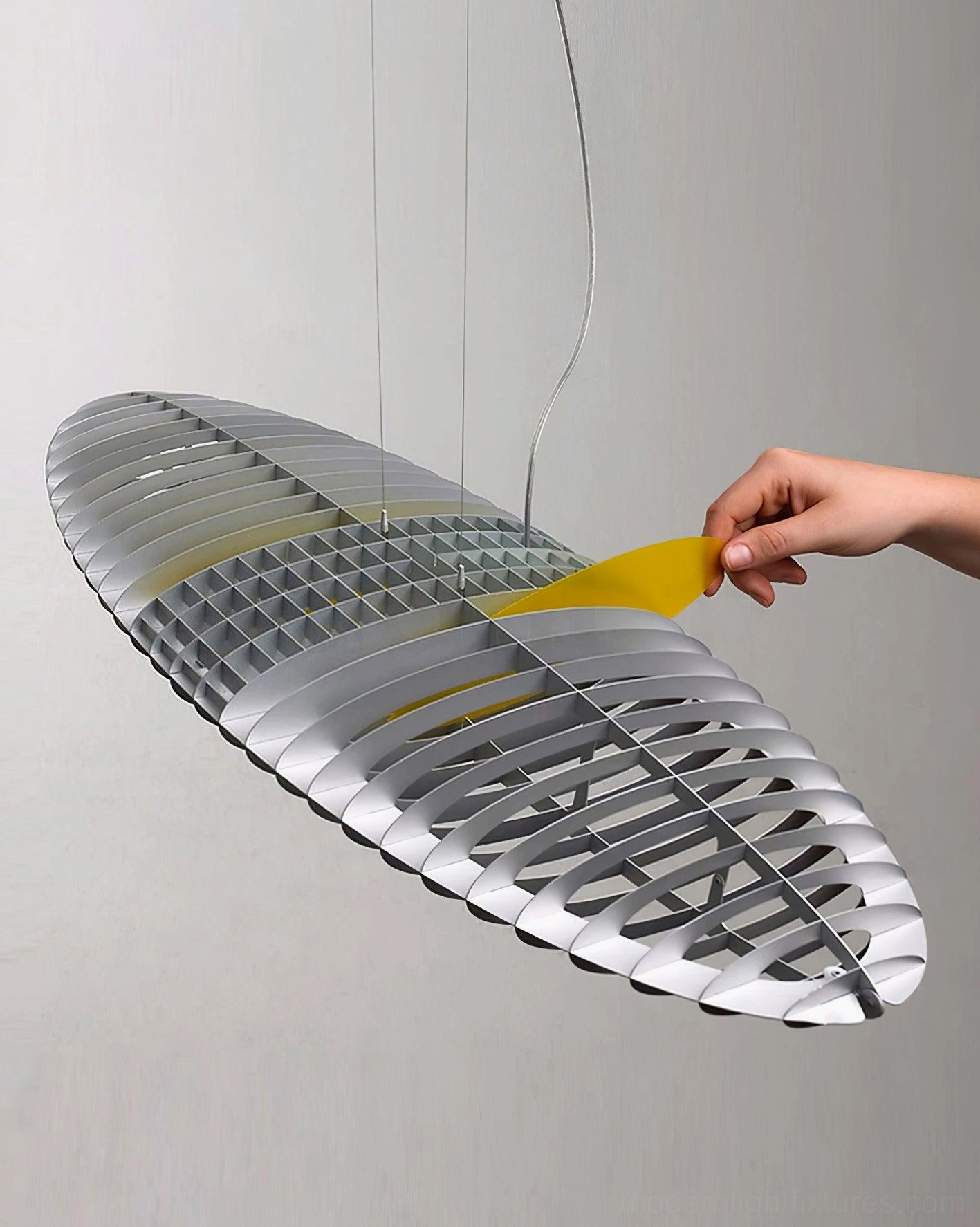 Star Ship oval slatted pendant lamp close-up aluminum construction and slat design detail