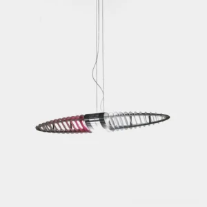 Star Ship modern chrome pendant light with oval slatted aluminum design, front view on white background
