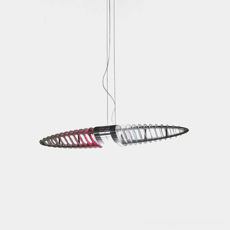 Star Ship modern chrome pendant light with oval slatted aluminum design, front view on white background