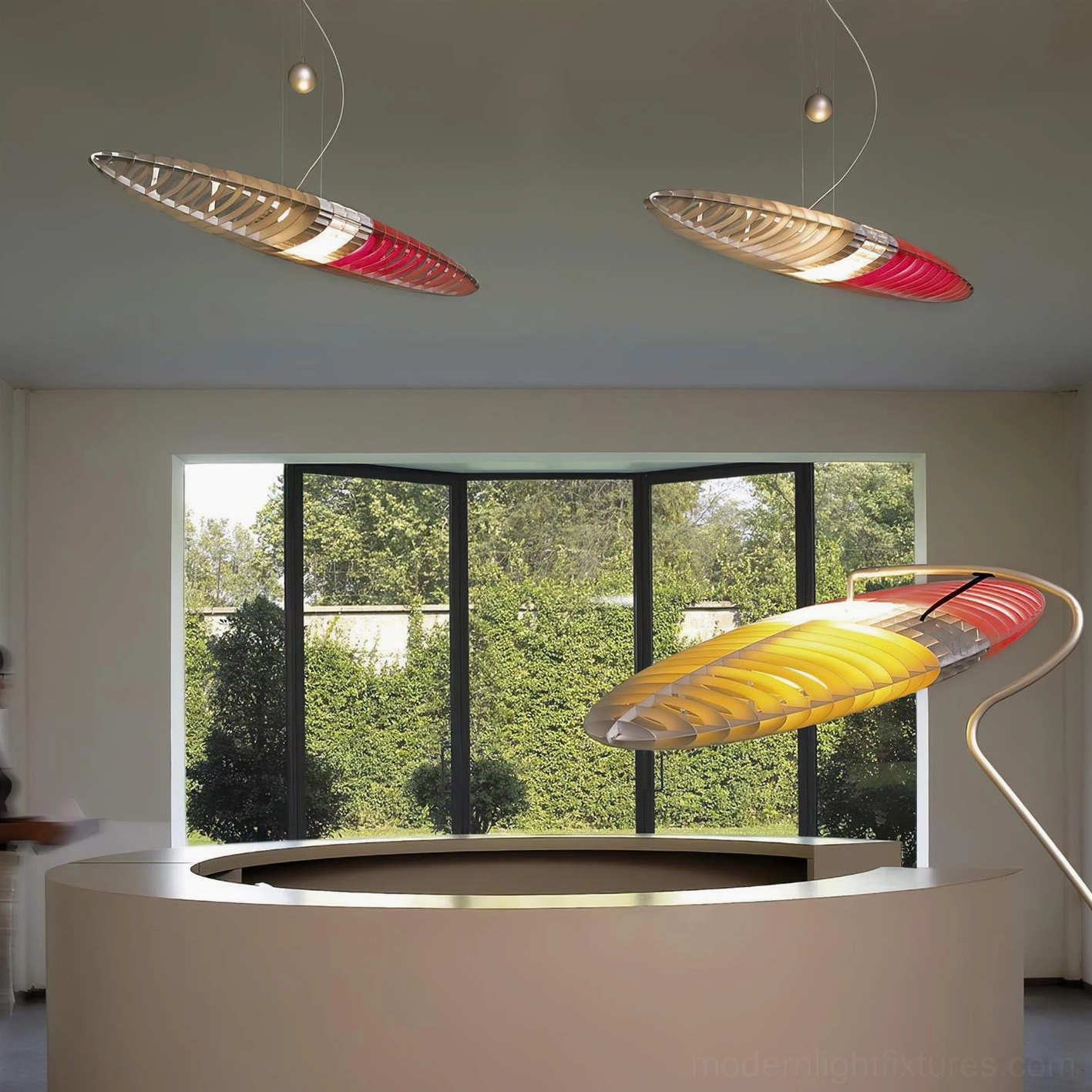 Star Ship oval pendant light with slatted shade creating layered ambient lighting effect