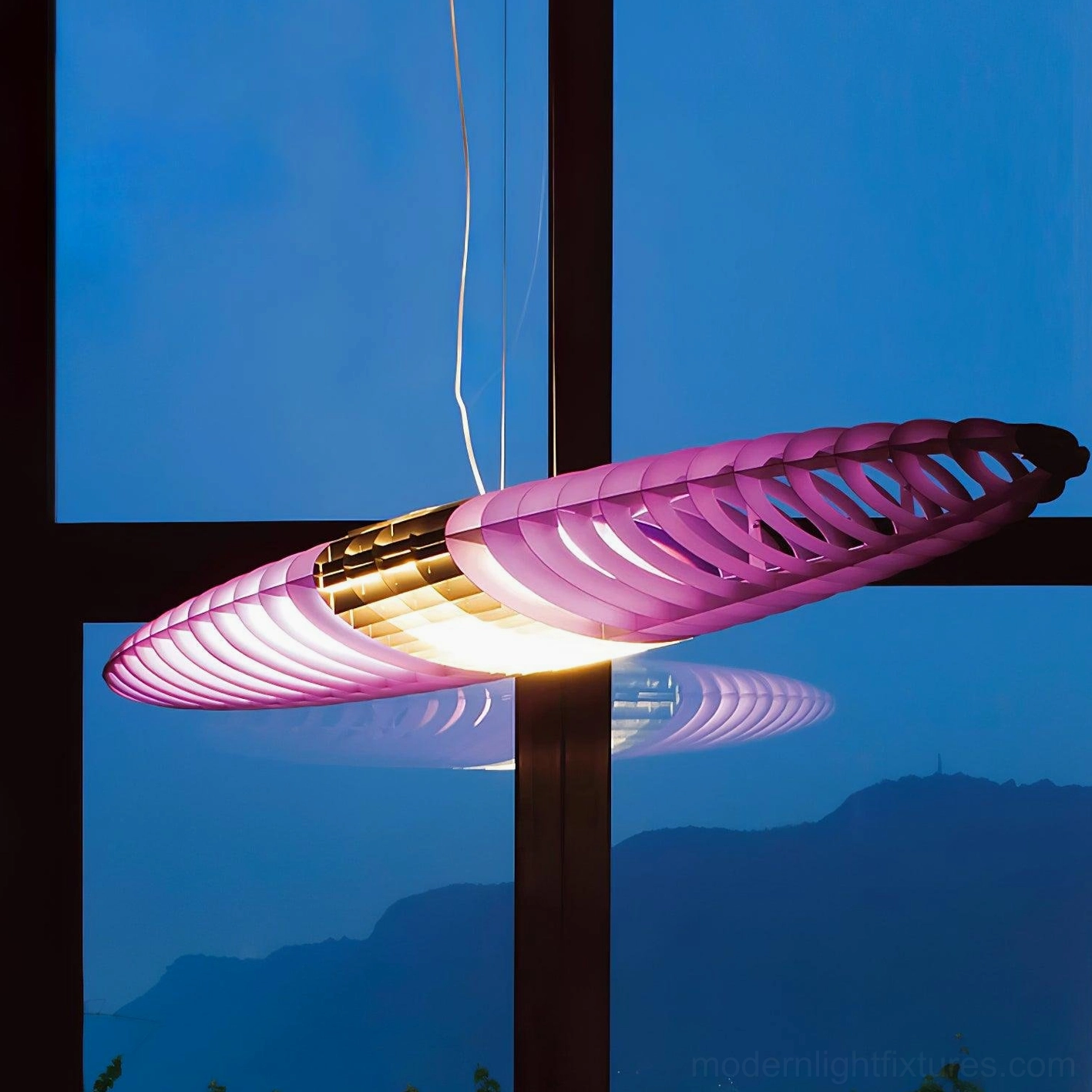 Star Ship pendant lamp with purple gradient slatted shade nighttime residential window view