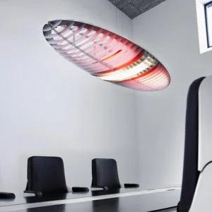 Star Ship pendant lamp with red gradient slatted shade in modern office meeting room, side angle view
