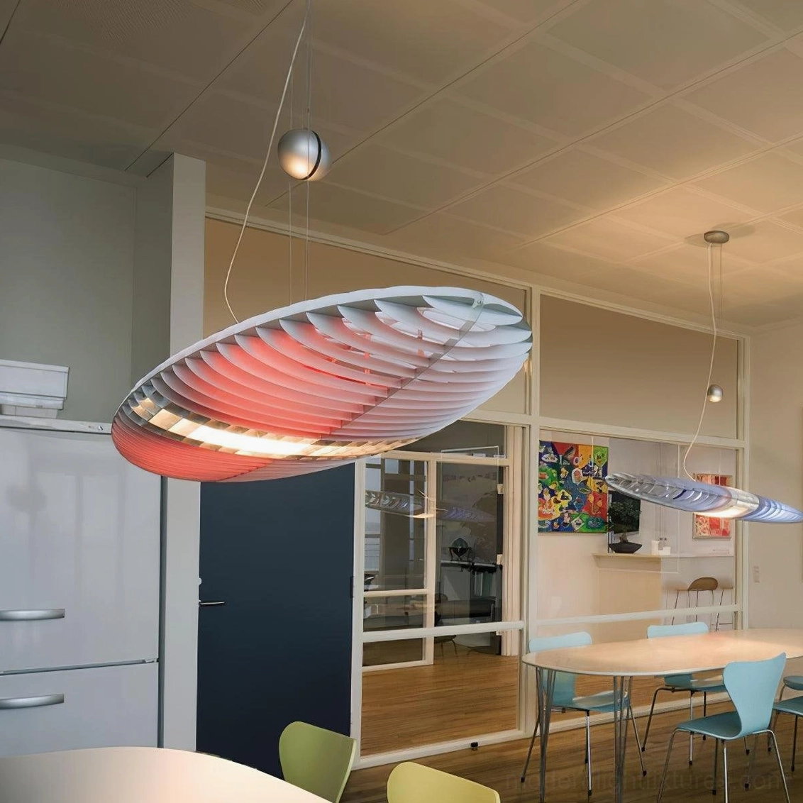 Star Ship chrome pendant light with red slatted shade in open-plan dining kitchen interior