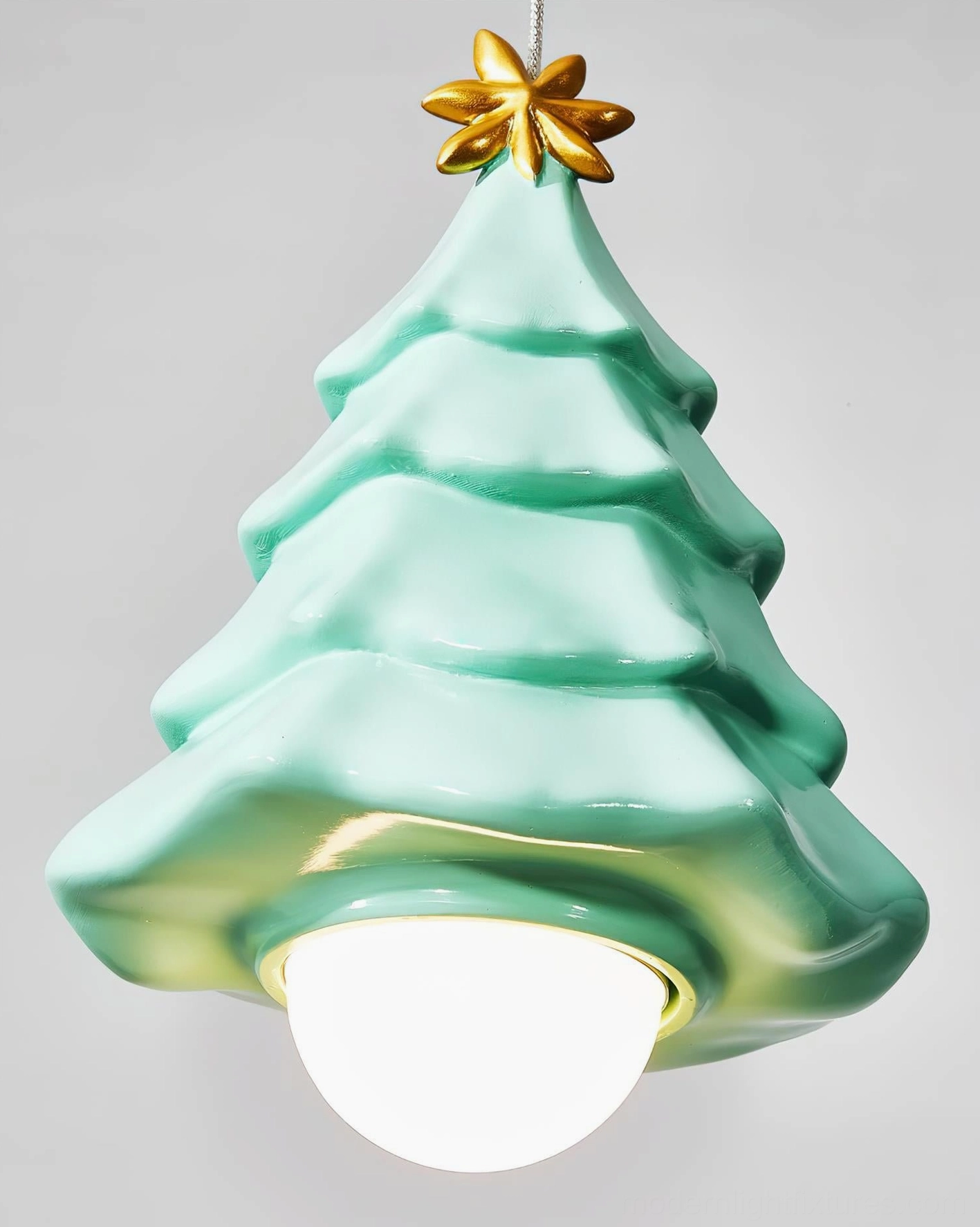 Tiffany blue Starlit Spruce pendant lamp close-up front view, glossy finish ceramic with golden star ornament highlighting craftsmanship