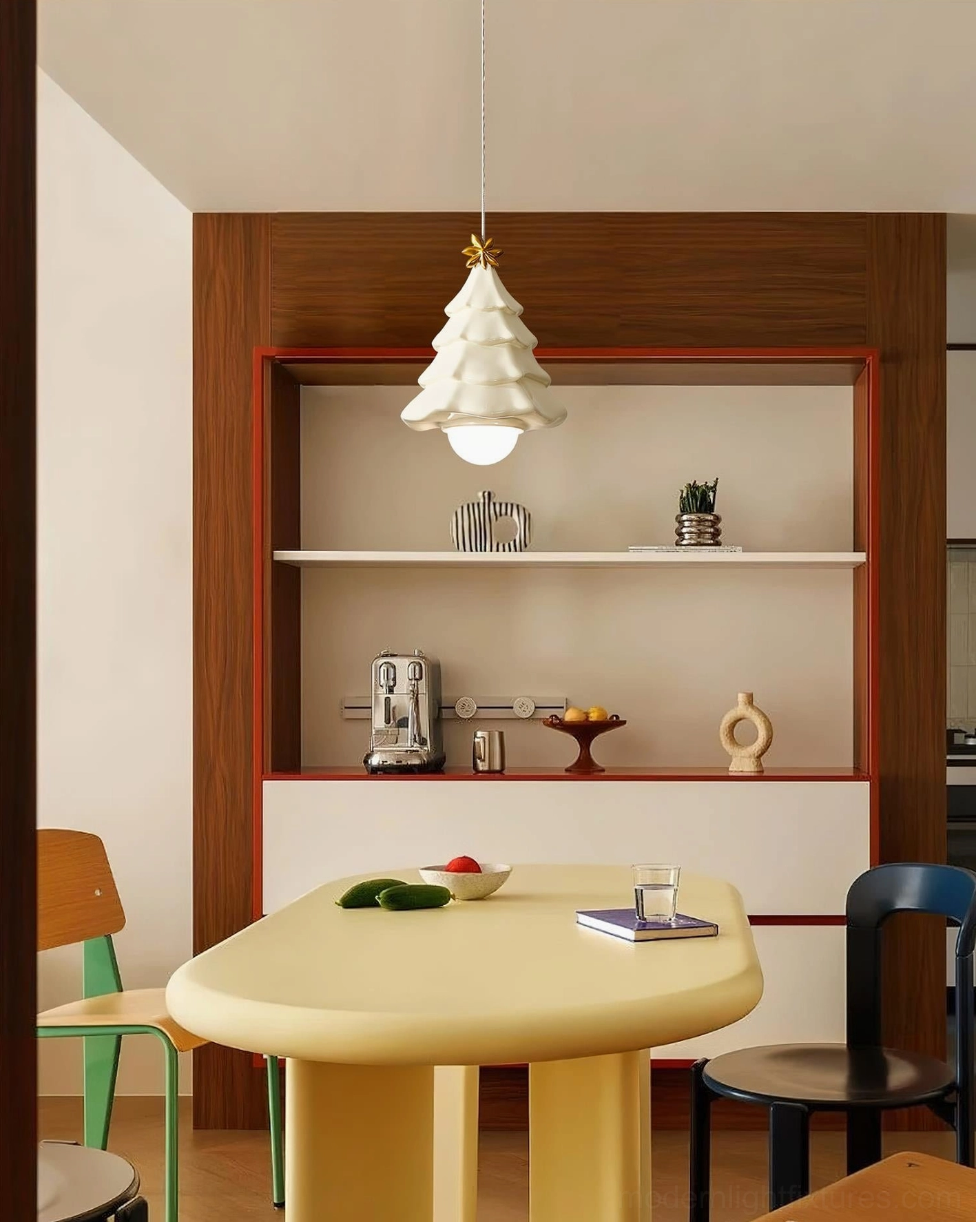 Cream beige ceramic Christmas tree pendant lamp in Nordic dining space, modern festive lighting beside built-in cabinet