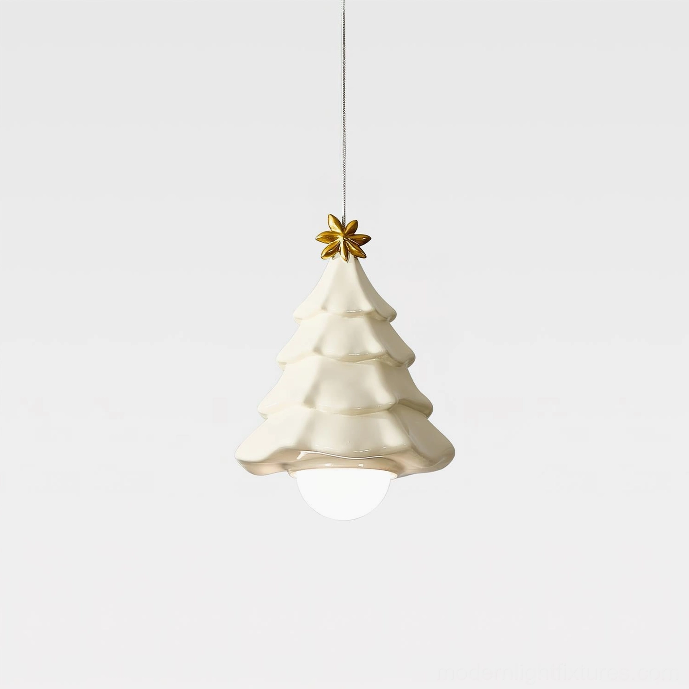Cream colored Christmas tree pendant lamp oblique front angle, glossy ceramic texture and sculptural form detail view