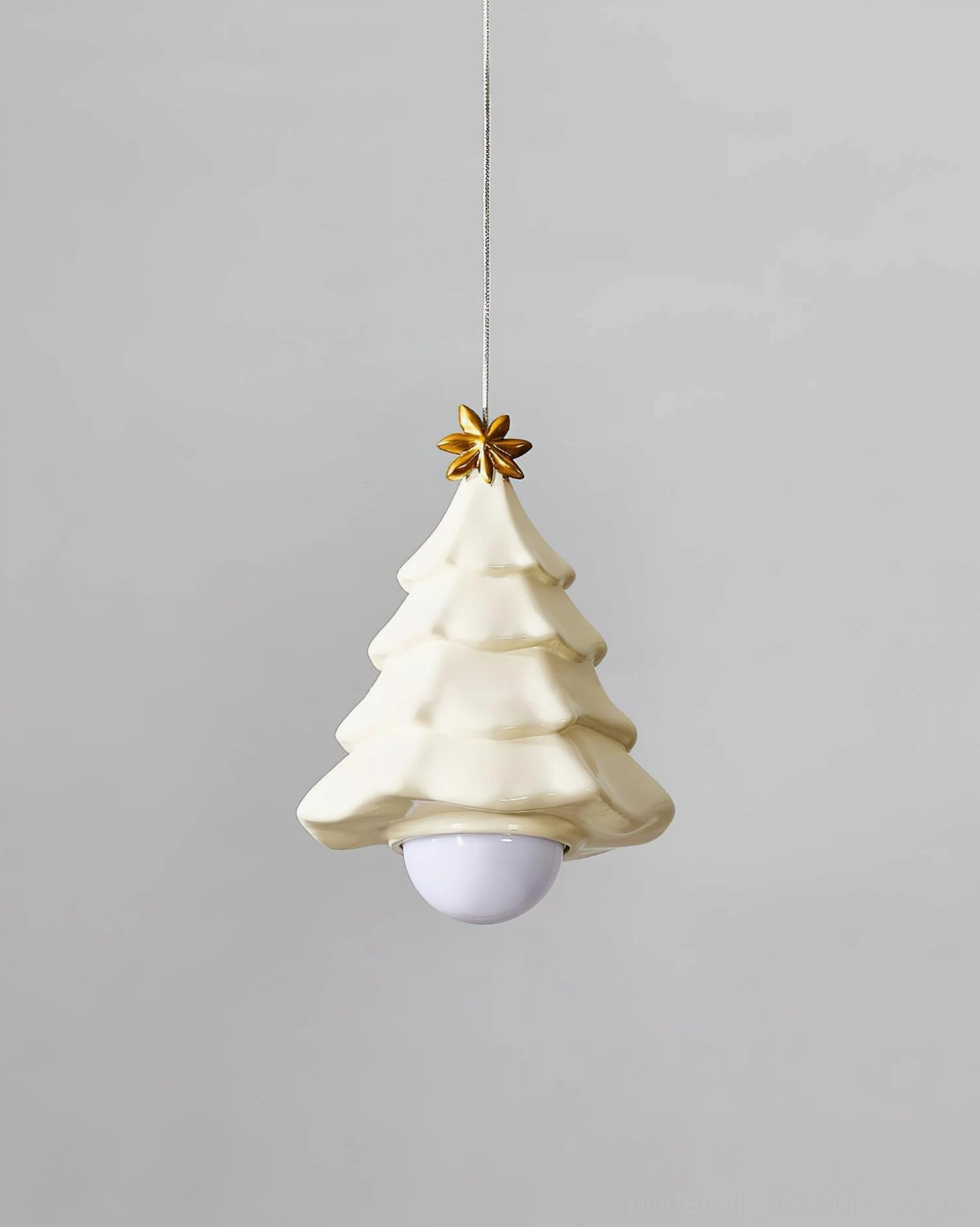 Cream colored Starlit Spruce festive pendant lamp front view with matte white spherical bulb, minimalist decorative hanging light fixture
