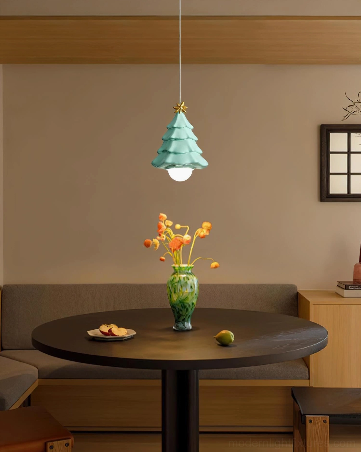 Starlit Spruce pendant lamp installed in Japanese-style dining room, Tiffany blue ceramic providing warm ambient lighting above table