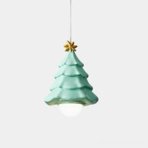 Starlit Spruce ceramic pendant lamp front view with Tiffany blue finish and golden star accent, modern Christmas tree design lighting fixture