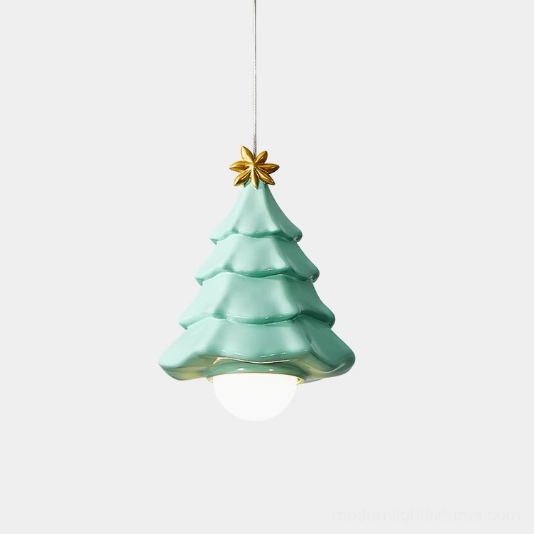 Starlit Spruce ceramic pendant lamp front view with Tiffany blue finish and golden star accent, modern Christmas tree design lighting fixture