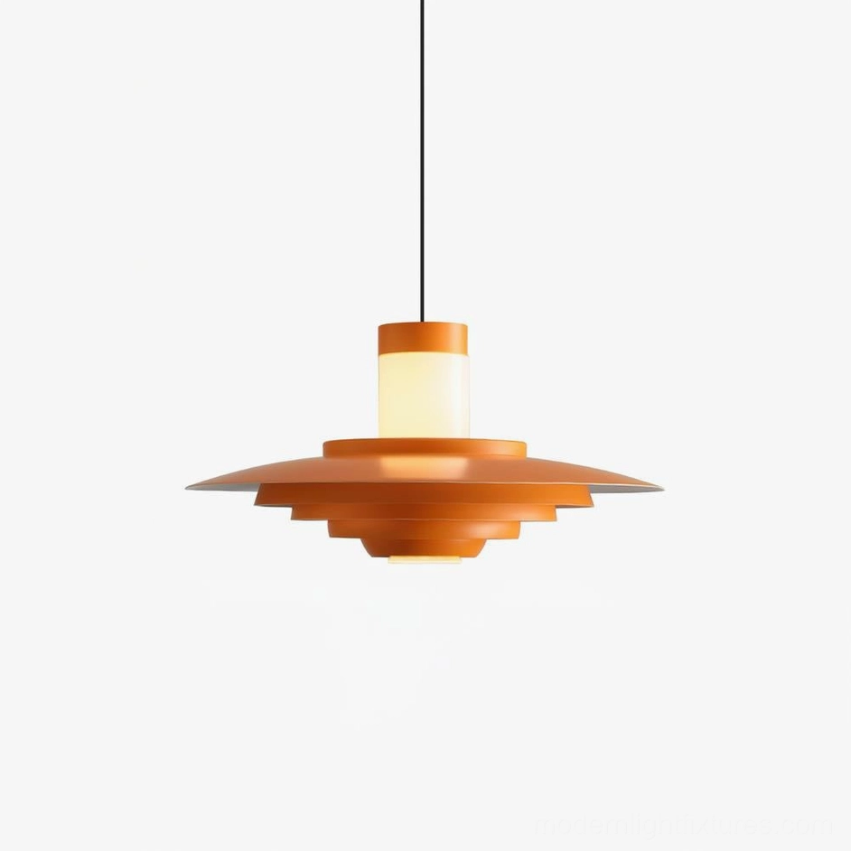 Statement-size tiered pendant light in warm orange showcasing bold geometric architecture and atmospheric light casting for dramatic interior focal point