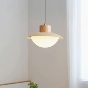 Stevie wooden pendant light installed in bedroom corner, warm ambient lighting near window