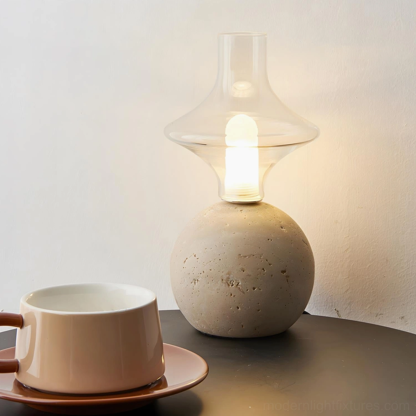 Cylindrical pillar travertine table lamp handcrafted natural material lighting design