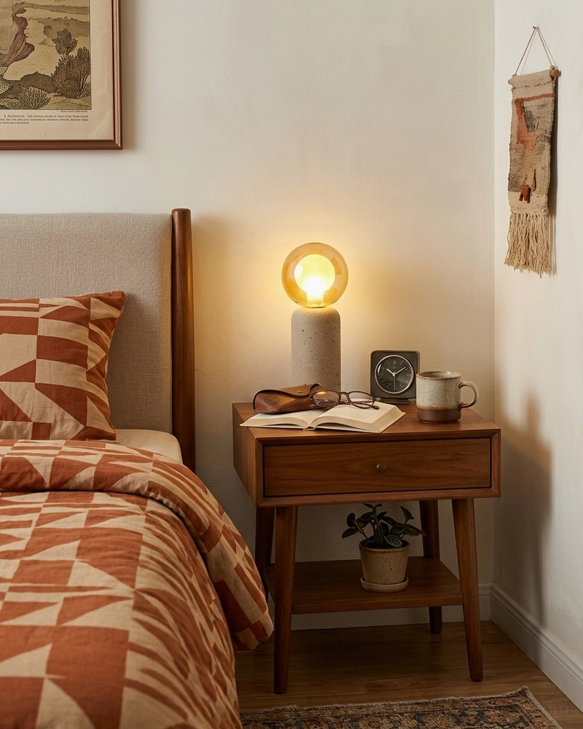 Geometric travertine table lamp with crystalline glass shade mid-century modern home lighting