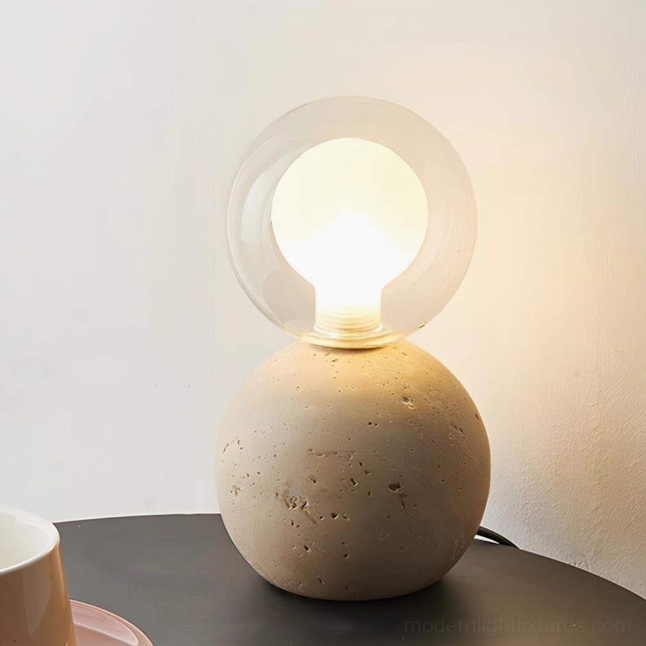 Model F compact travertine table lamp 19cm height perfect for small bedside accent lighting