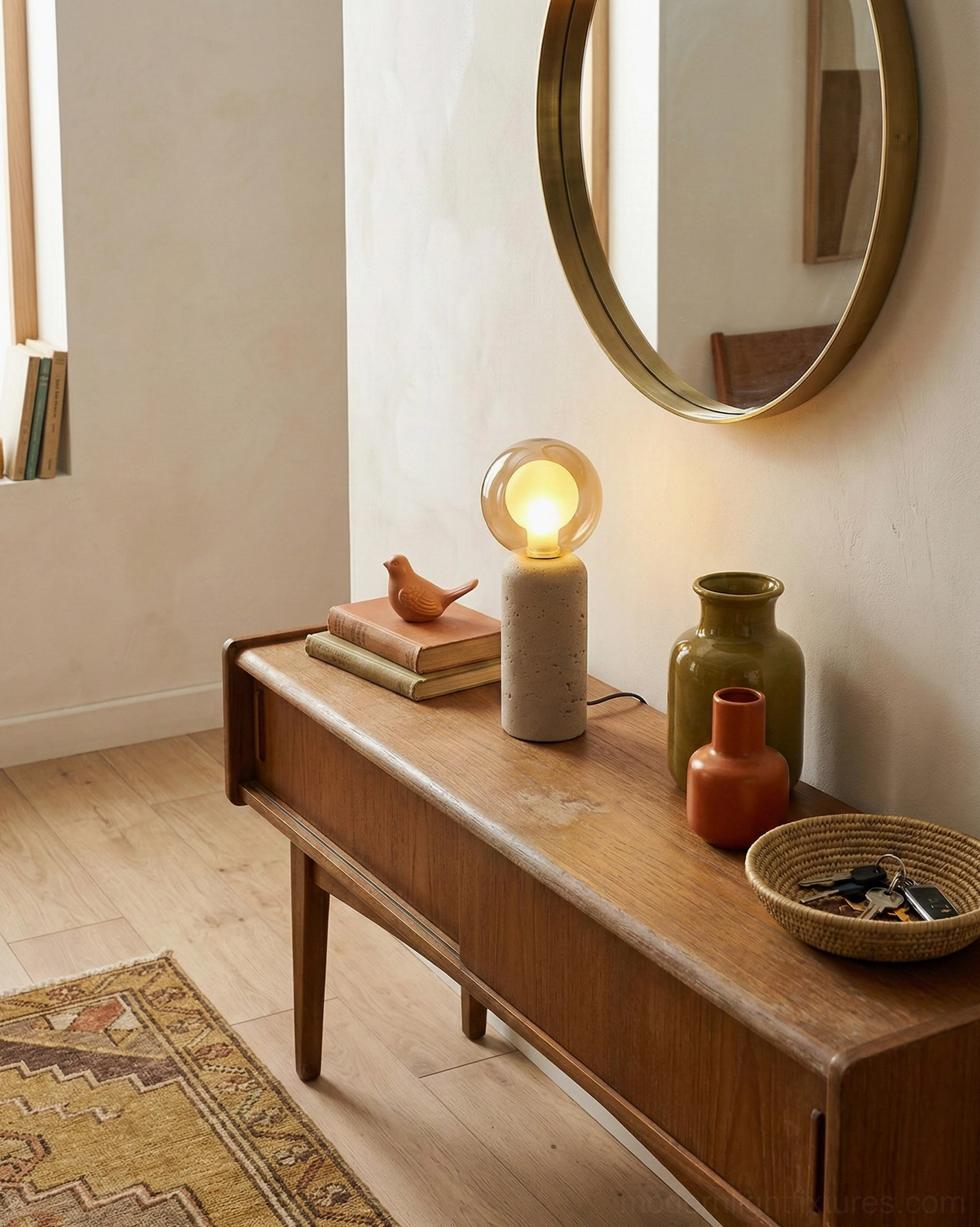Natural travertine table lamp with glass topper accent lighting in minimalist interior design