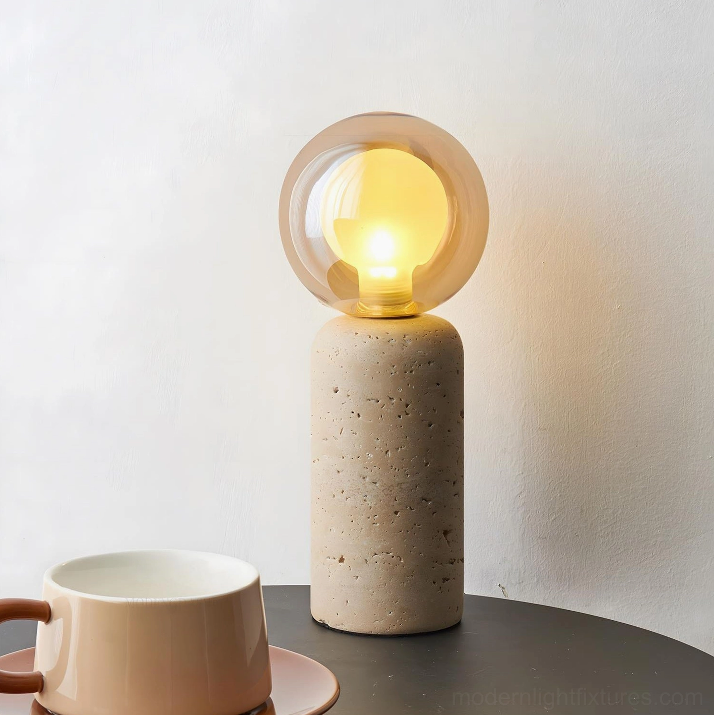 Stilla Orb travertine table lamp natural stone material dimmer compatible warm glow