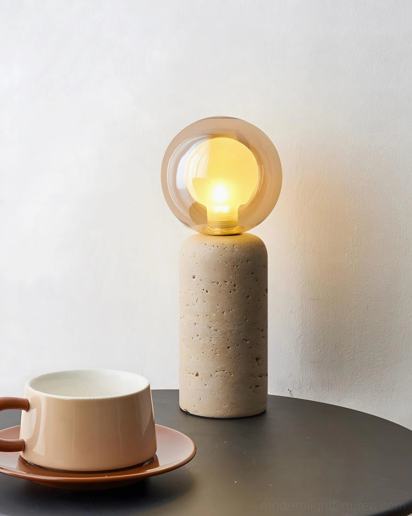 Stilla Orb handcrafted travertine table lamp modern contemporary lighting fixture detail