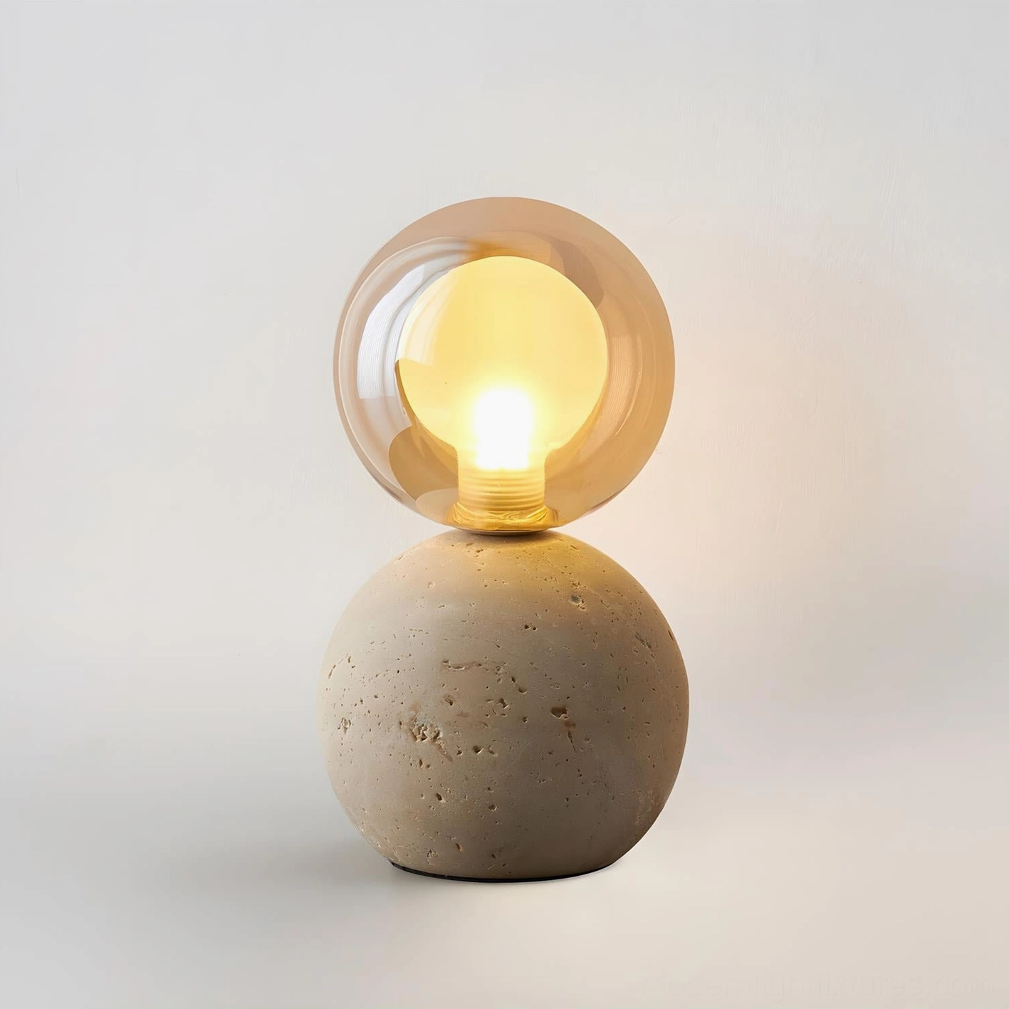 Beige travertine stone table lamp with glass chimney accent piece Scandinavian design