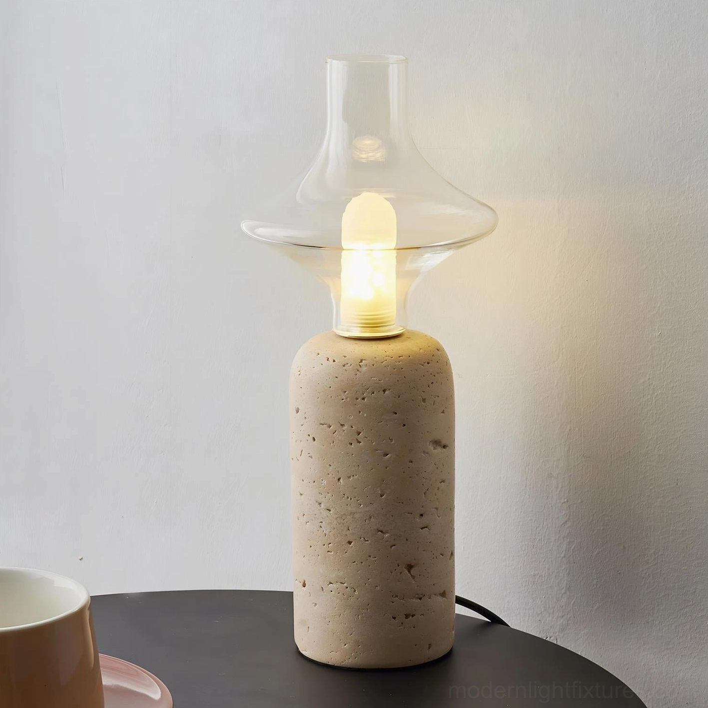 Natural travertine porous stone texture detail handcrafted table lamp artisanal quality
