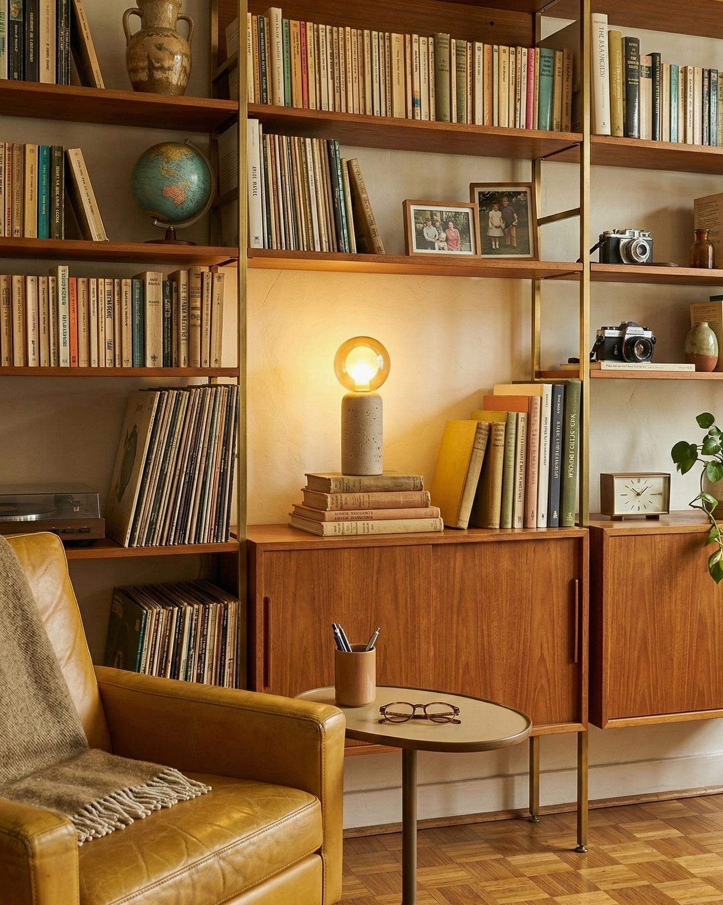 Travertine table lamp with exposed G4 bulb in cozy mid-century modern home with wooden furniture
