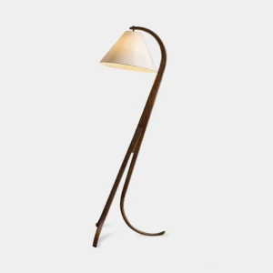 Stockholm arc floor lamp with curved walnut wood base and off-white fabric shade, modern minimalist design, studio view
