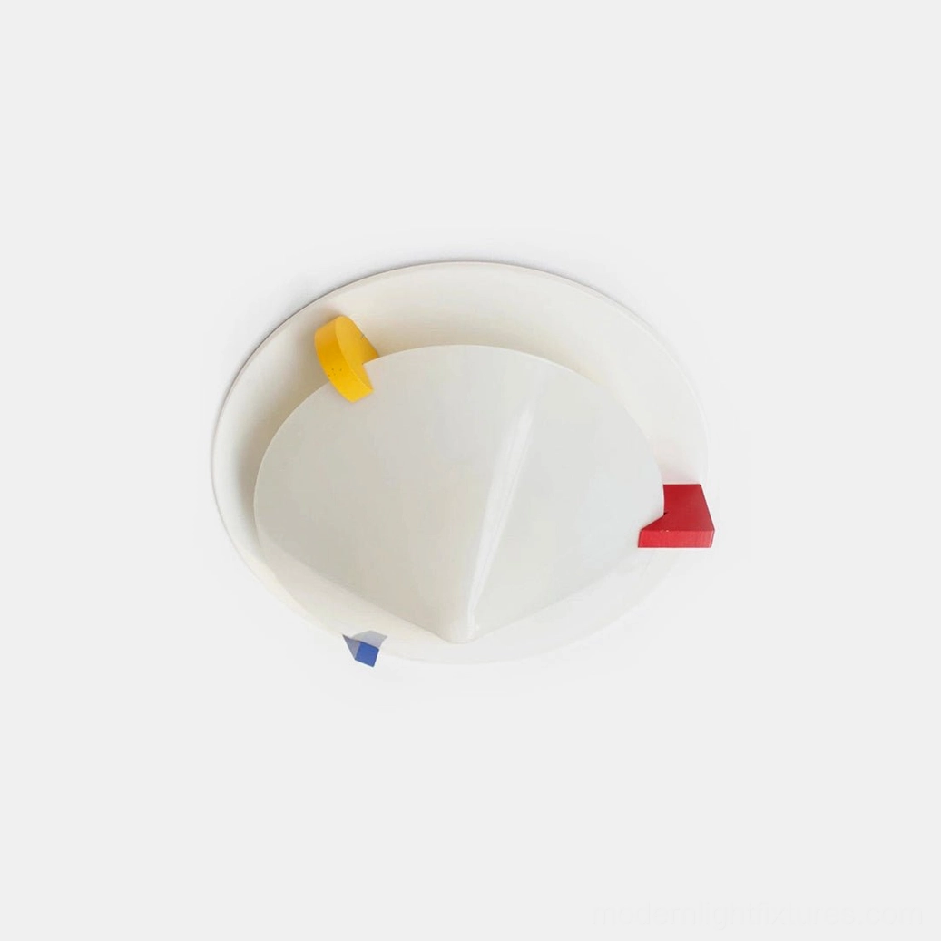 Stoja modern geometric ceiling lamp overhead flat product shot featuring white conical frosted shade with red and blue Memphis design accent blocks on white studio backdrop