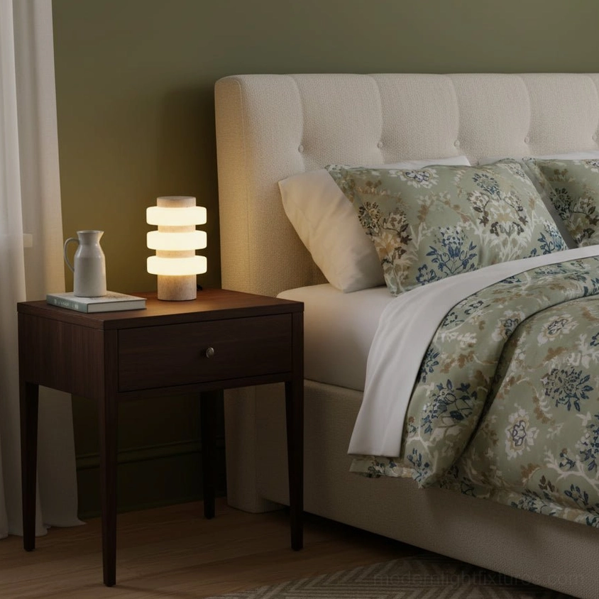 Strata modern table lamp on dark wood bedside nightstand in bedroom setting with floral bedding and minimalist decor