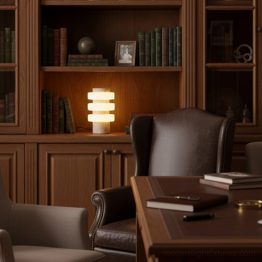 Strata sculptural LED lamp positioned on wooden bookshelf in home office study area with leather chair and reading space