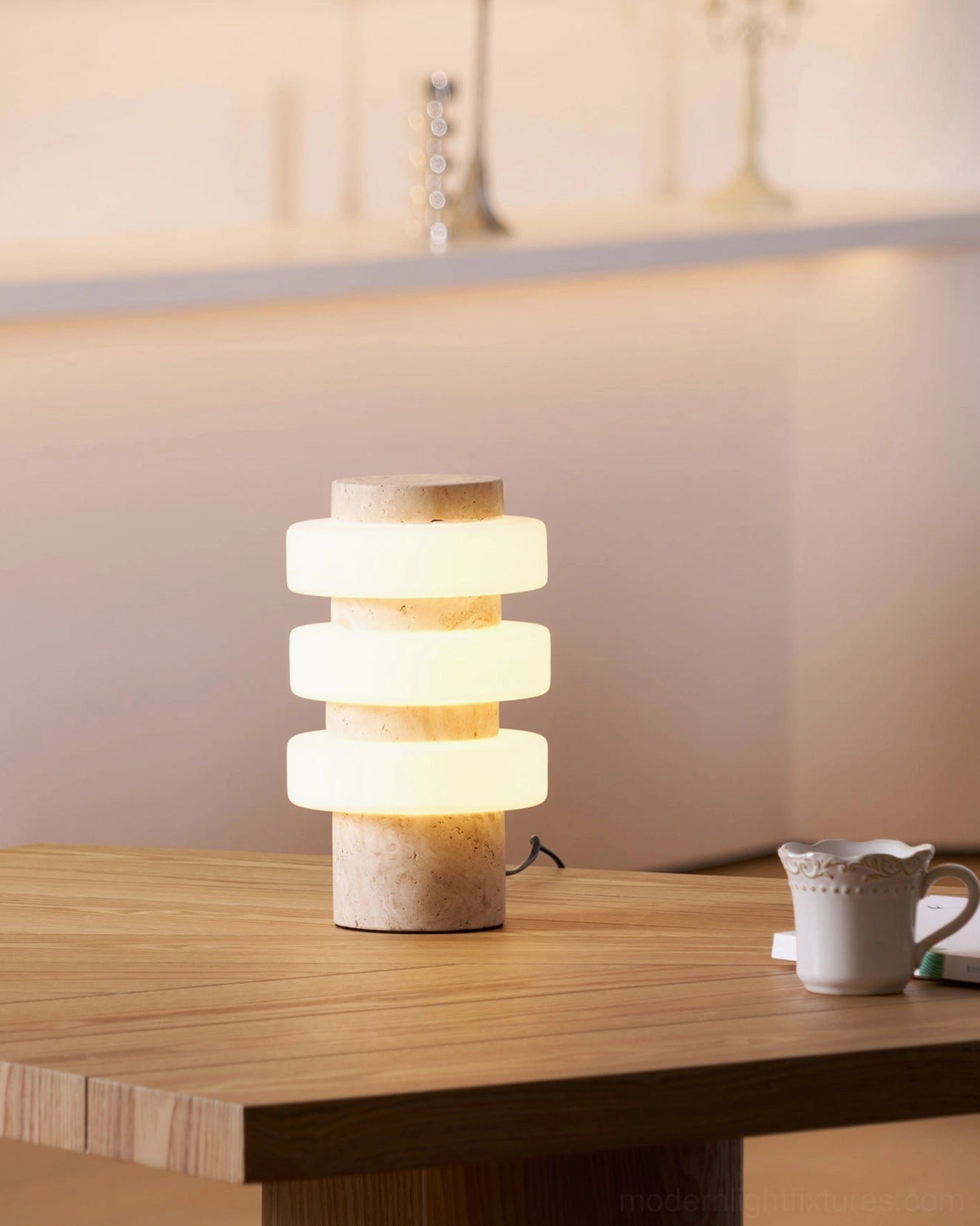 Strata sculptural LED accent lamp in neutral interior setting demonstrating versatile styling options