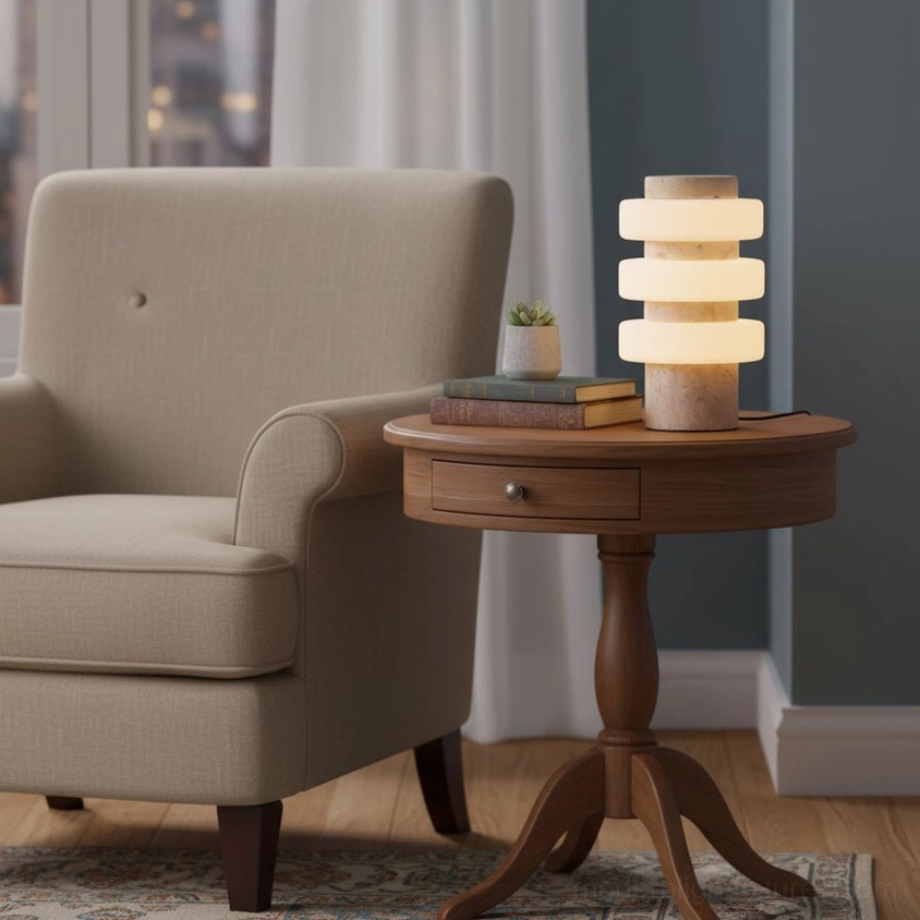 Strata modern accent lamp on round wooden side table with succulent plant and books in living room armchair area