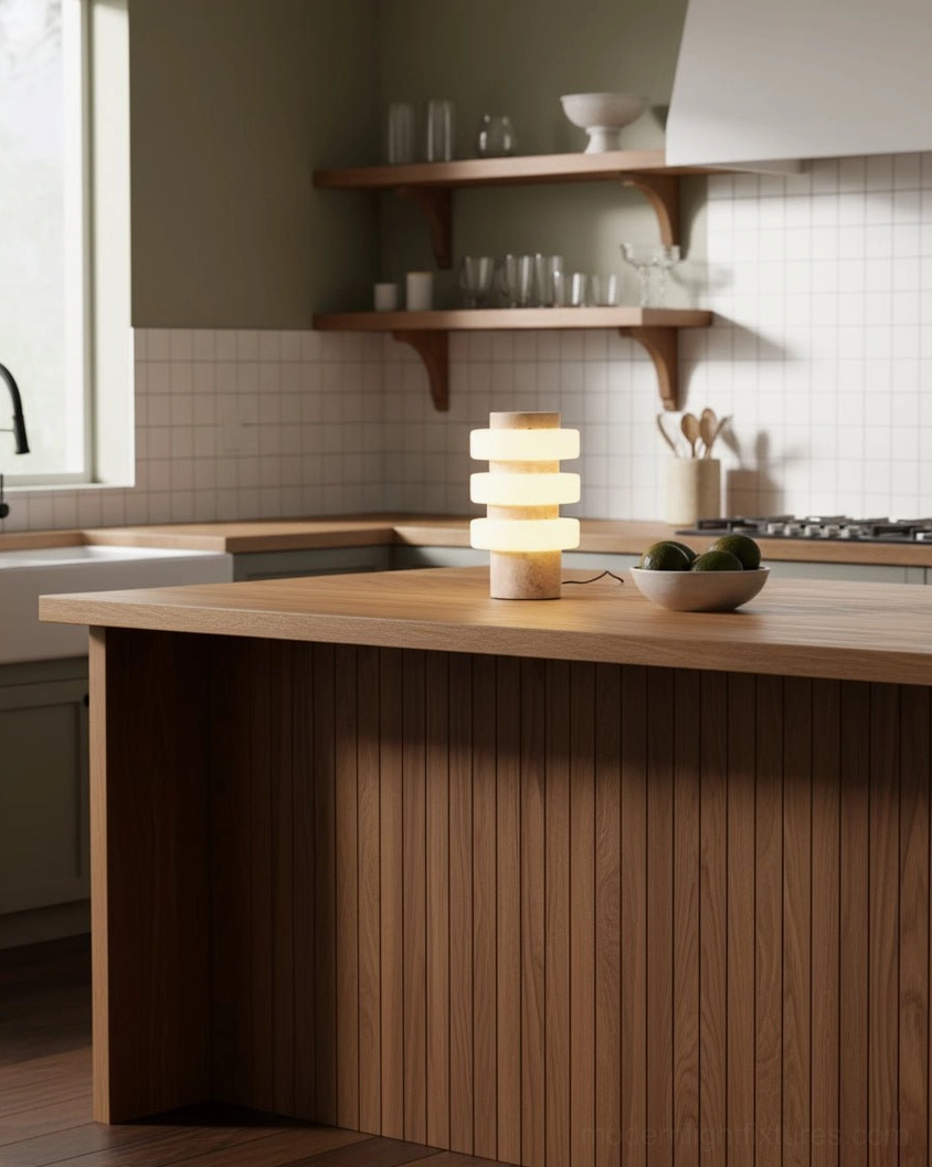 Strata modern sculptural table lamp showcasing three-color LED technology and integrated light design