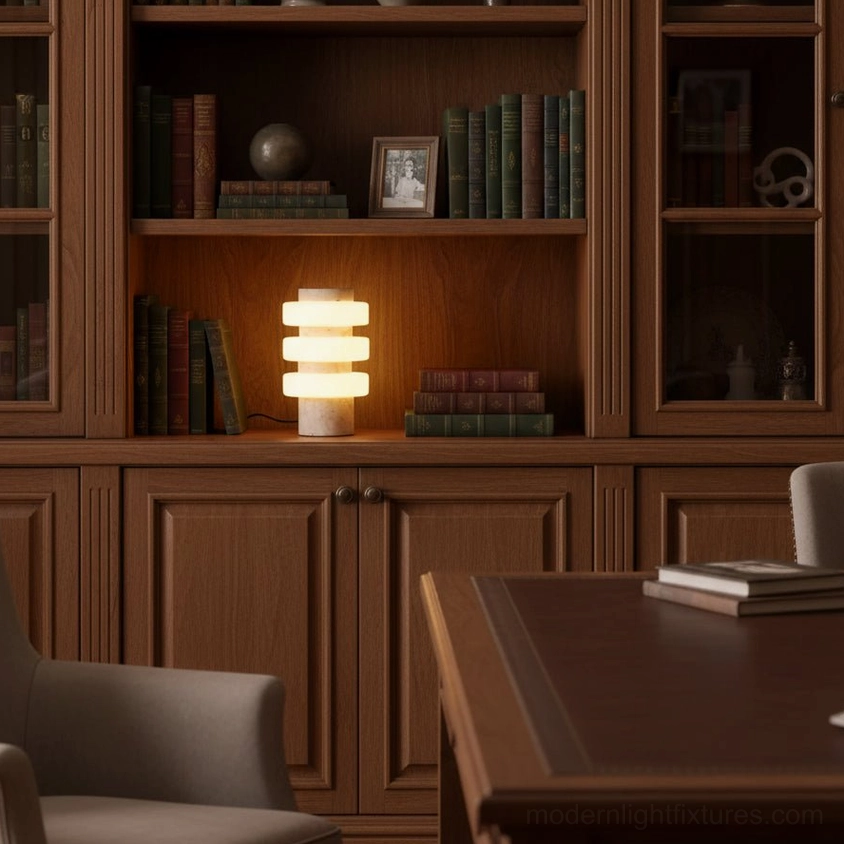 Strata table lamp detail view showing travertine base texture and frosted acrylic ring construction in soft lighting