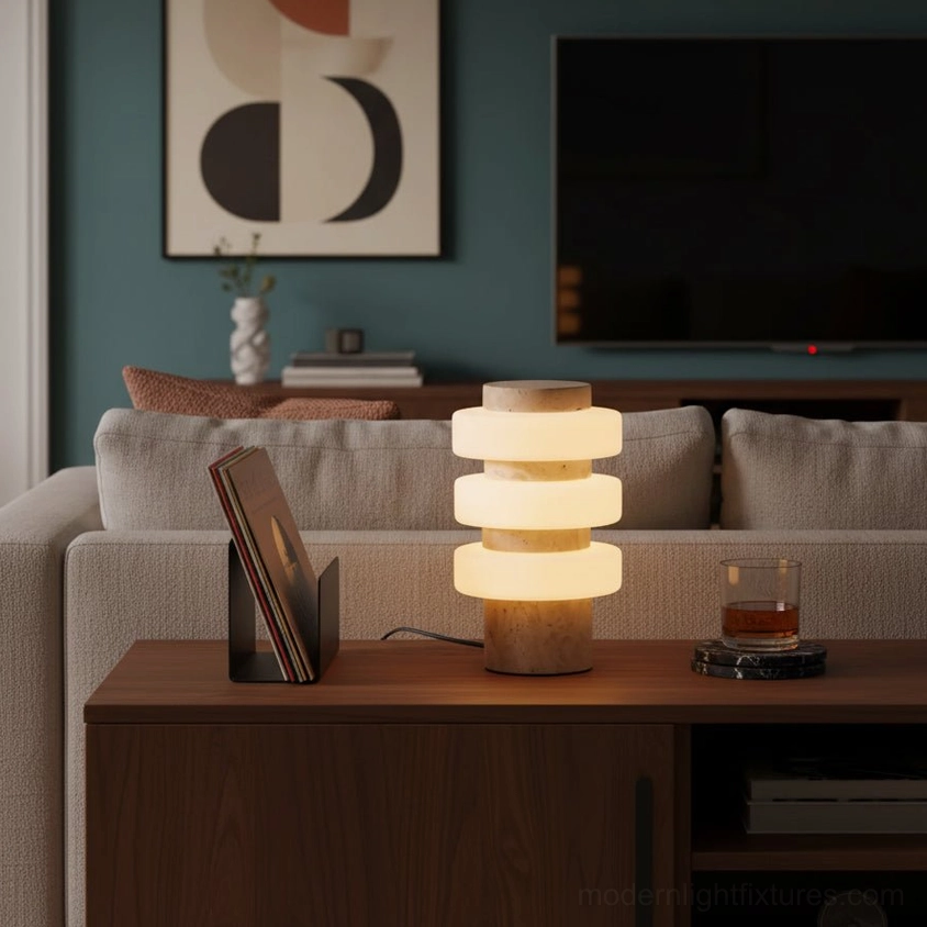 Modern strata LED table lamp on dark wood TV console in living room setting with sofa backdrop, contemporary interior design