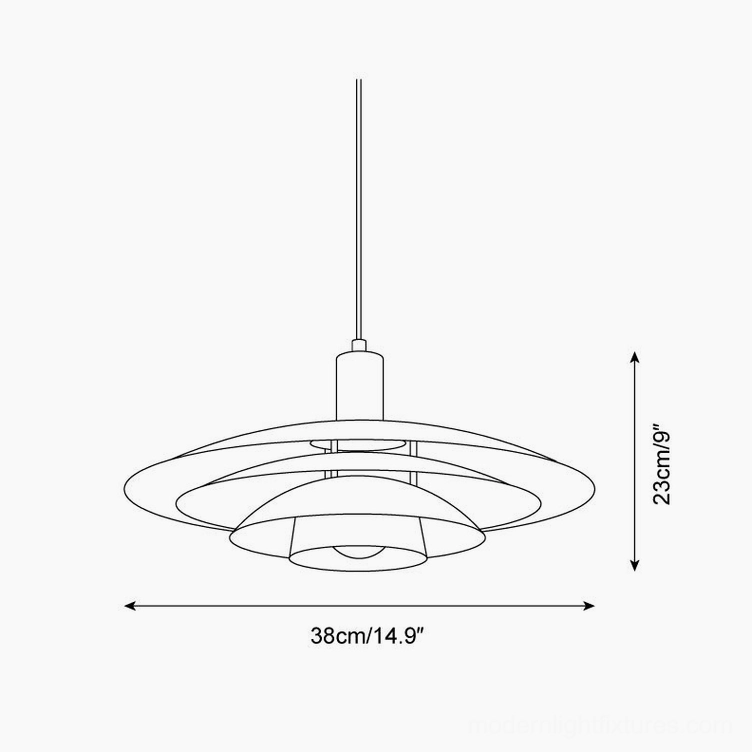 Technical line drawing of Stratalite pendant light showing orthographic dimensions 38cm diameter by 23cm height with layered structure