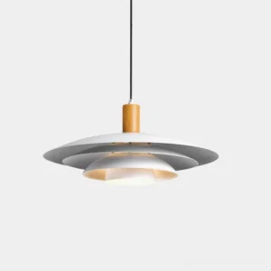 Stratalite layered disc pendant light, overhead front view showcasing multi-layer metal shade design with natural wood top accent
